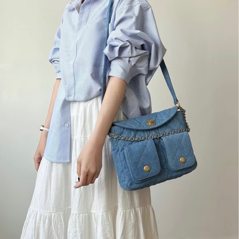 香奈兒Chanel 𝟤𝟧ᴘ牛仔單寧金嬉皮包ʜᴏʙᴏ小號/全新閒置-12