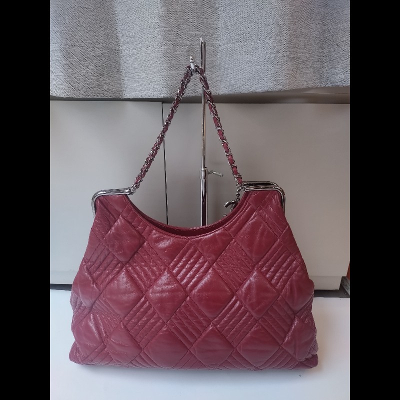 Chanel 銀鍊銀框邊紅皮大菱格梯形托特包-2