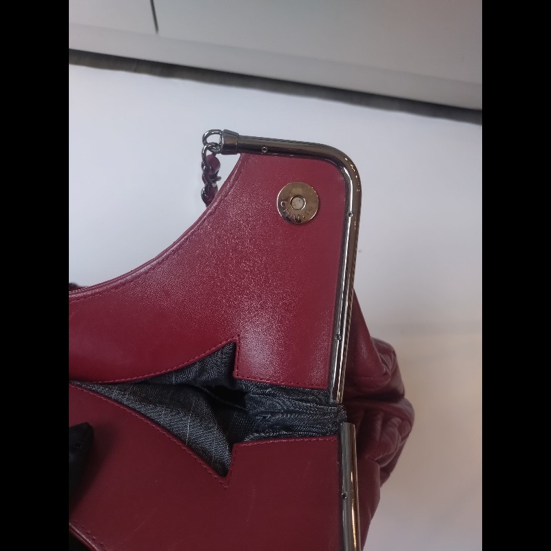 Chanel 銀鍊銀框邊紅皮大菱格梯形托特包-25