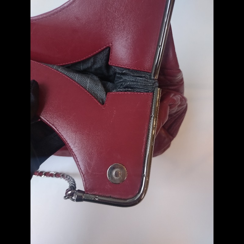 Chanel 銀鍊銀框邊紅皮大菱格梯形托特包-26