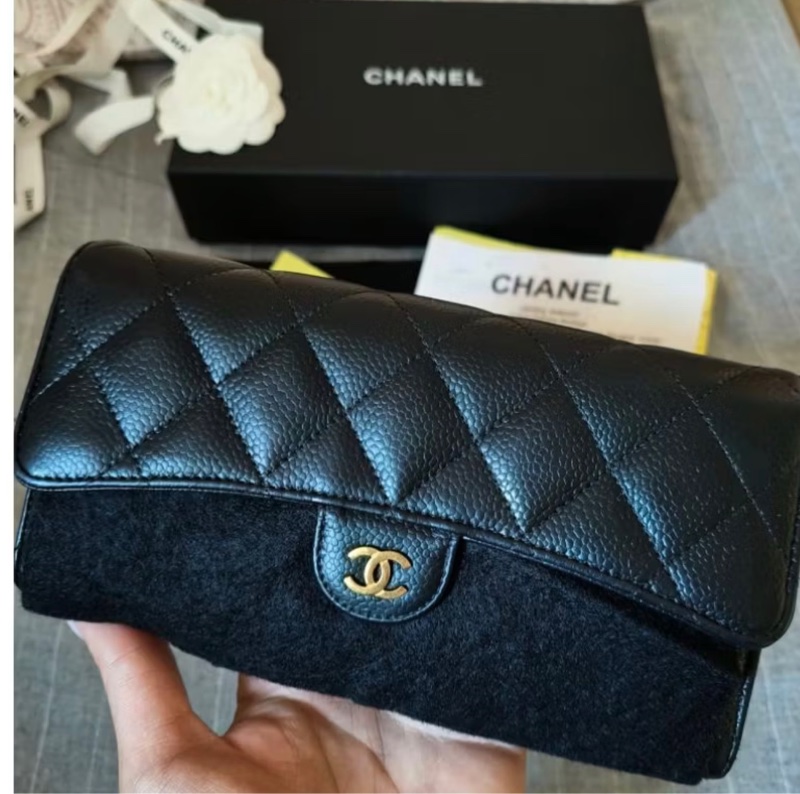 CHANEL經典雙 C LOGO 黑色荔枝牛皮金釦翻蓋長夾 發財包-5