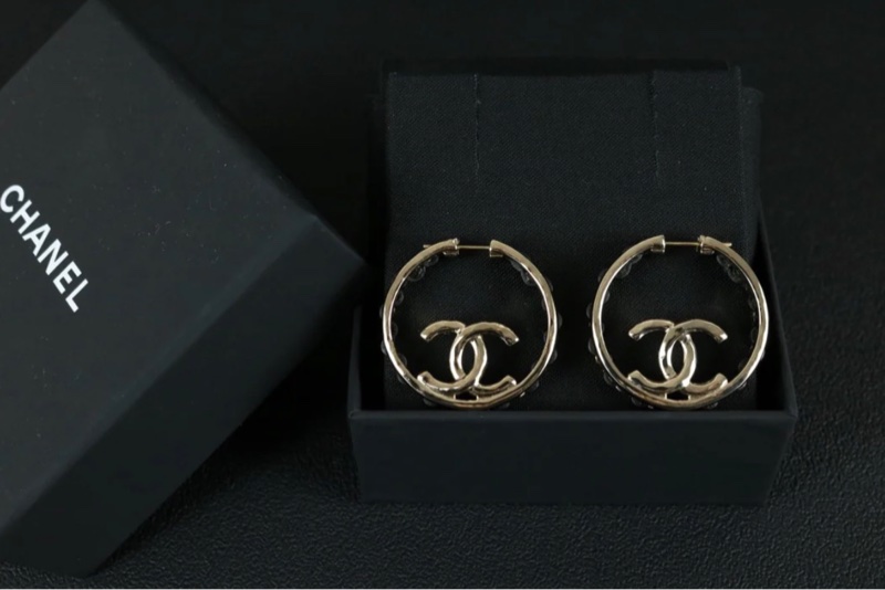 「JL精品代購」98新 Chanel 香奈兒雙C皮穿鏈耳圈-1