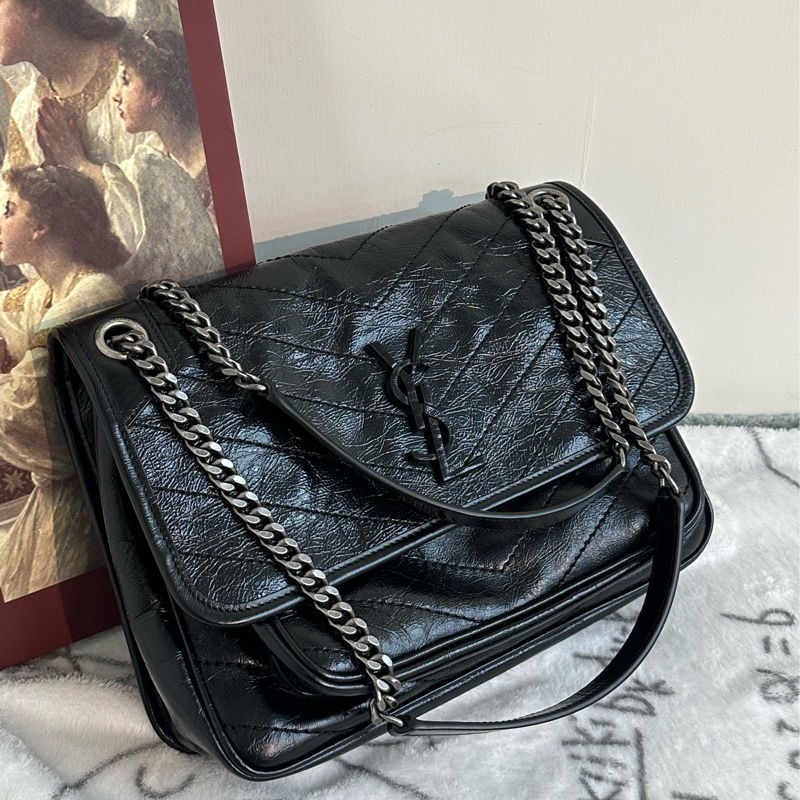 【全新】SAINT LAURENT YSL Niki medium Black黑鏈黑標Logo復古褶皺 牛皮革 流浪包 單肩包 黑色 中號-0