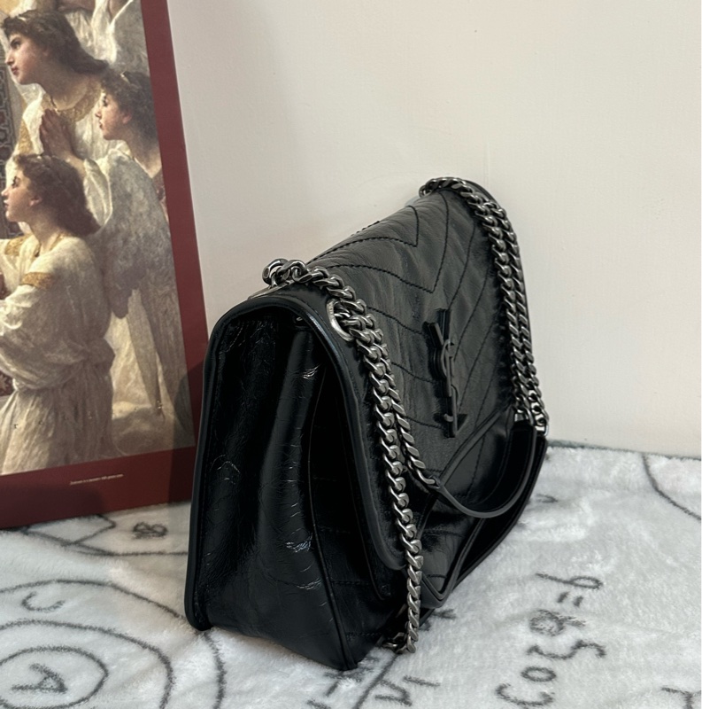 【全新】SAINT LAURENT YSL Niki medium Black黑鏈黑標Logo復古褶皺 牛皮革 流浪包 單肩包 黑色 中號-1