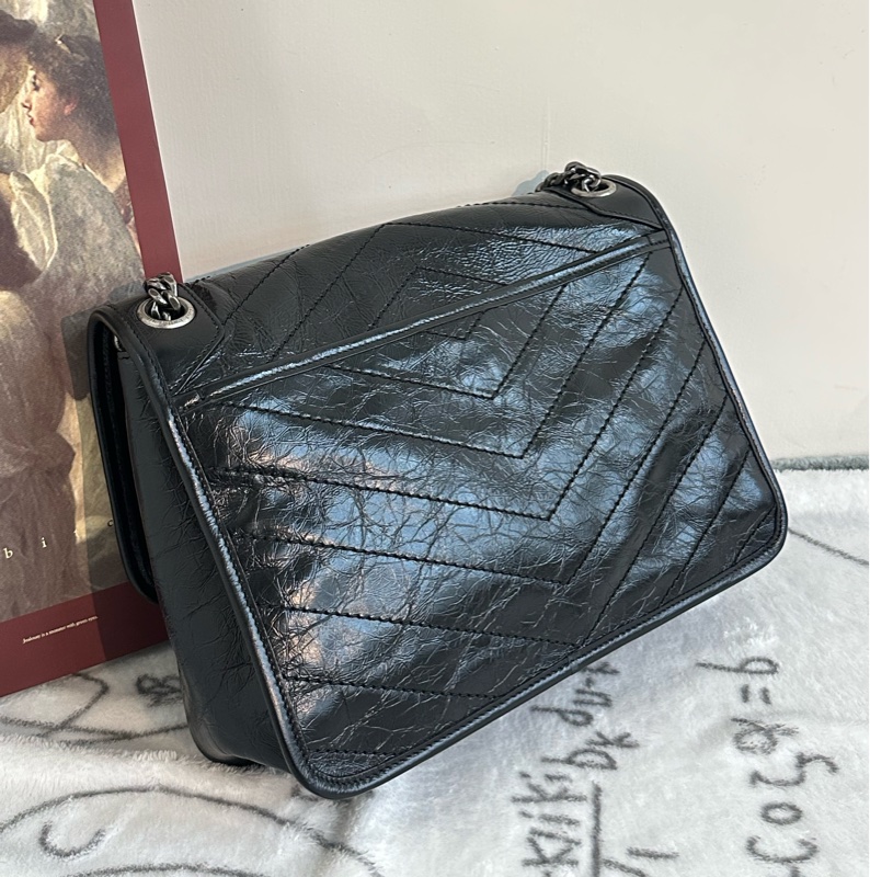【全新】SAINT LAURENT YSL Niki medium Black黑鏈黑標Logo復古褶皺 牛皮革 流浪包 單肩包 黑色 中號-2