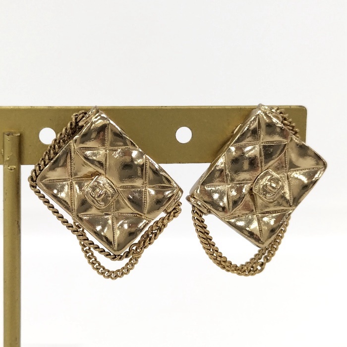 香奈兒 CHANEL 古董夾式耳環 2.55 小香鏈包造型 淺金色-6