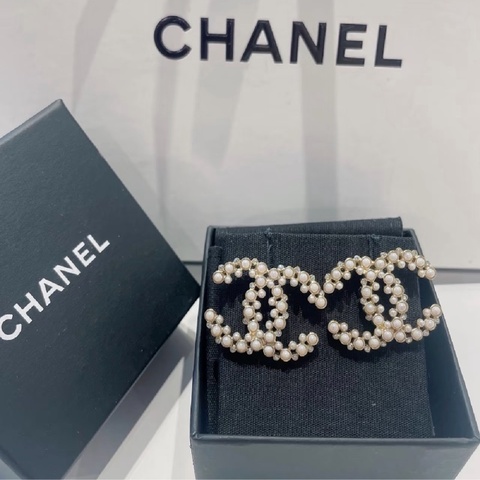 「JL精品代購」98新Chanel 香奈兒 大號珍珠雙C耳釘