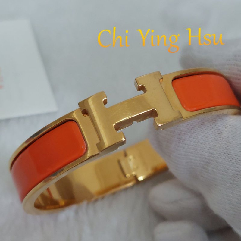 Hermes 🎀實拍 🎀愛馬仕 Clic H Logo細版玫瑰金橘色琺瑯手環-1