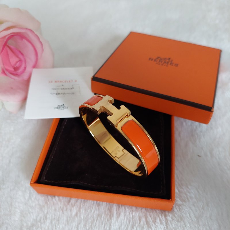 Hermes 🎀實拍 🎀愛馬仕 Clic H Logo細版玫瑰金橘色琺瑯手環-0