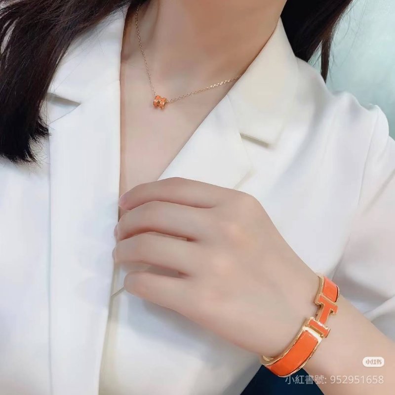 Hermes 🎀實拍 🎀愛馬仕 Clic H Logo細版玫瑰金橘色琺瑯手環-4