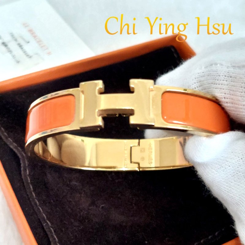Hermes 🎀實拍 🎀愛馬仕 Clic H Logo細版玫瑰金橘色琺瑯手環-5