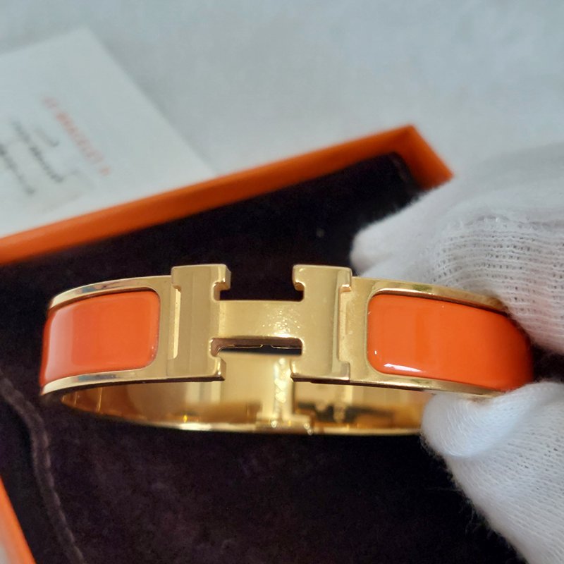 Hermes 🎀實拍 🎀愛馬仕 Clic H Logo細版玫瑰金橘色琺瑯手環-7