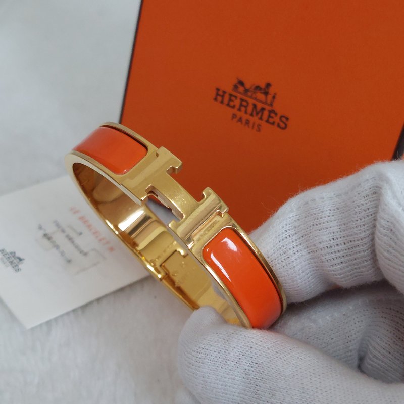 Hermes 🎀實拍 🎀愛馬仕 Clic H Logo細版玫瑰金橘色琺瑯手環-10