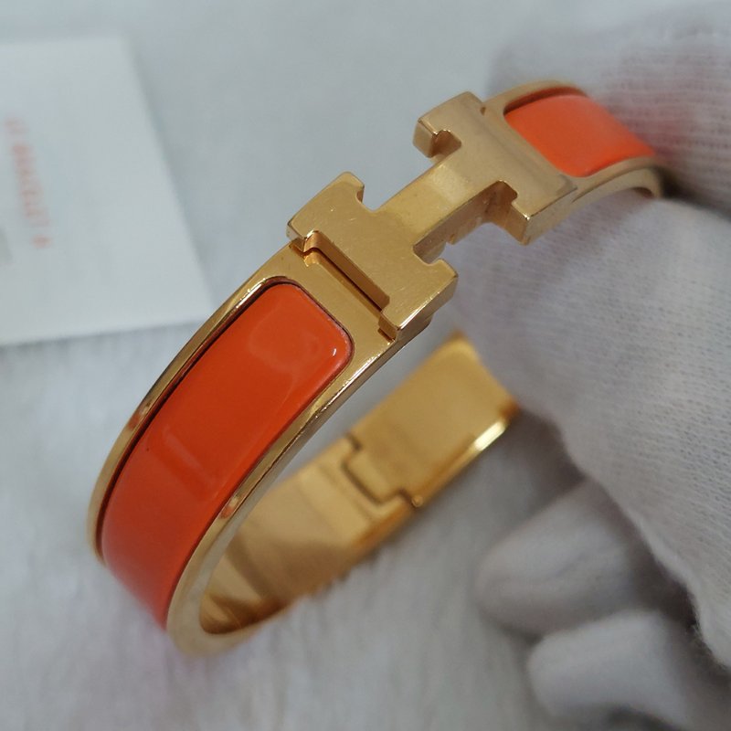 Hermes 🎀實拍 🎀愛馬仕 Clic H Logo細版玫瑰金橘色琺瑯手環-11