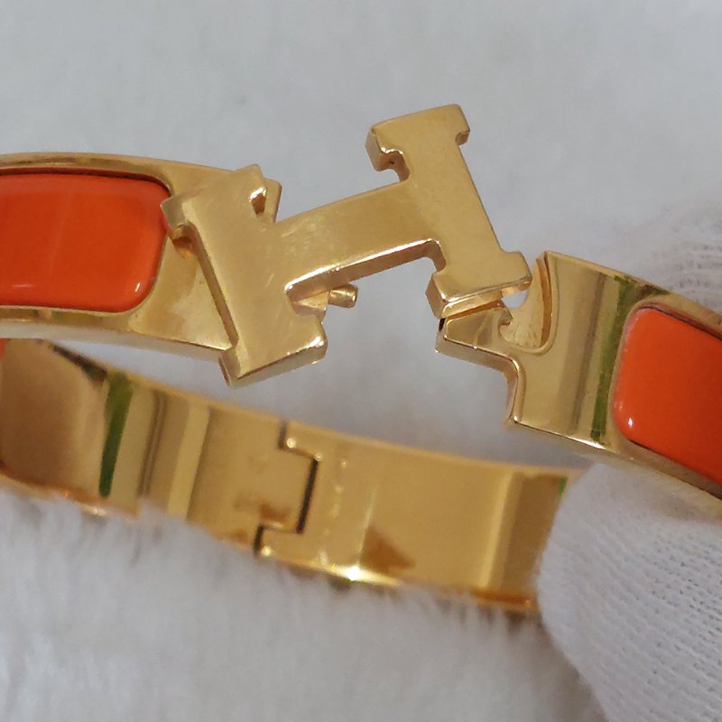 Hermes 🎀實拍 🎀愛馬仕 Clic H Logo細版玫瑰金橘色琺瑯手環-13