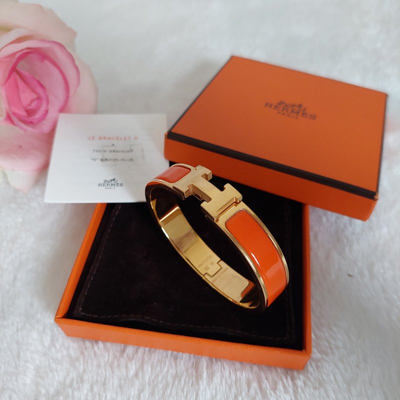 Hermes 🎀實拍 🎀愛馬仕 Clic H Logo細版玫瑰金橘色琺瑯手環-14