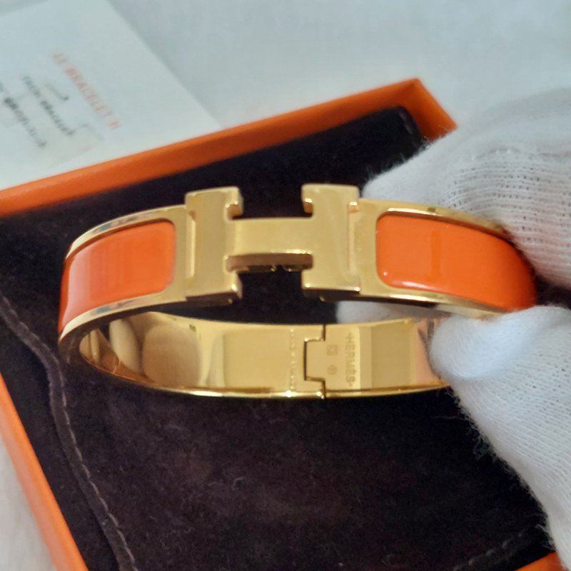 Hermes 🎀實拍 🎀愛馬仕 Clic H Logo細版玫瑰金橘色琺瑯手環-16