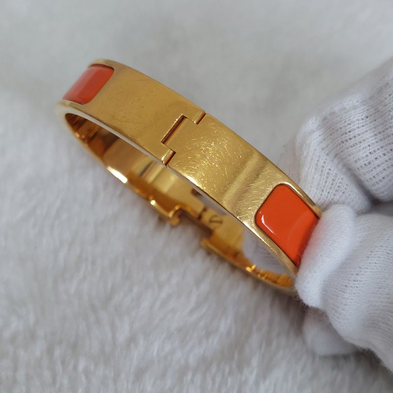 Hermes 🎀實拍 🎀愛馬仕 Clic H Logo細版玫瑰金橘色琺瑯手環-20