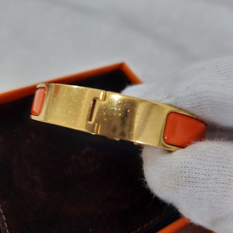Hermes 🎀實拍 🎀愛馬仕 Clic H Logo細版玫瑰金橘色琺瑯手環-22