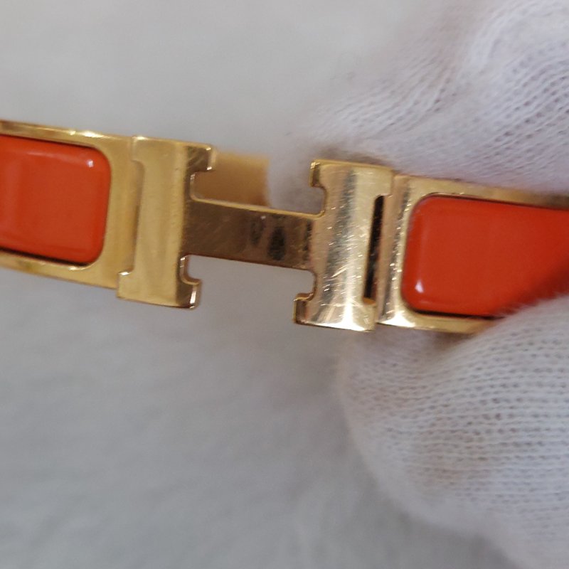 Hermes 🎀實拍 🎀愛馬仕 Clic H Logo細版玫瑰金橘色琺瑯手環-29