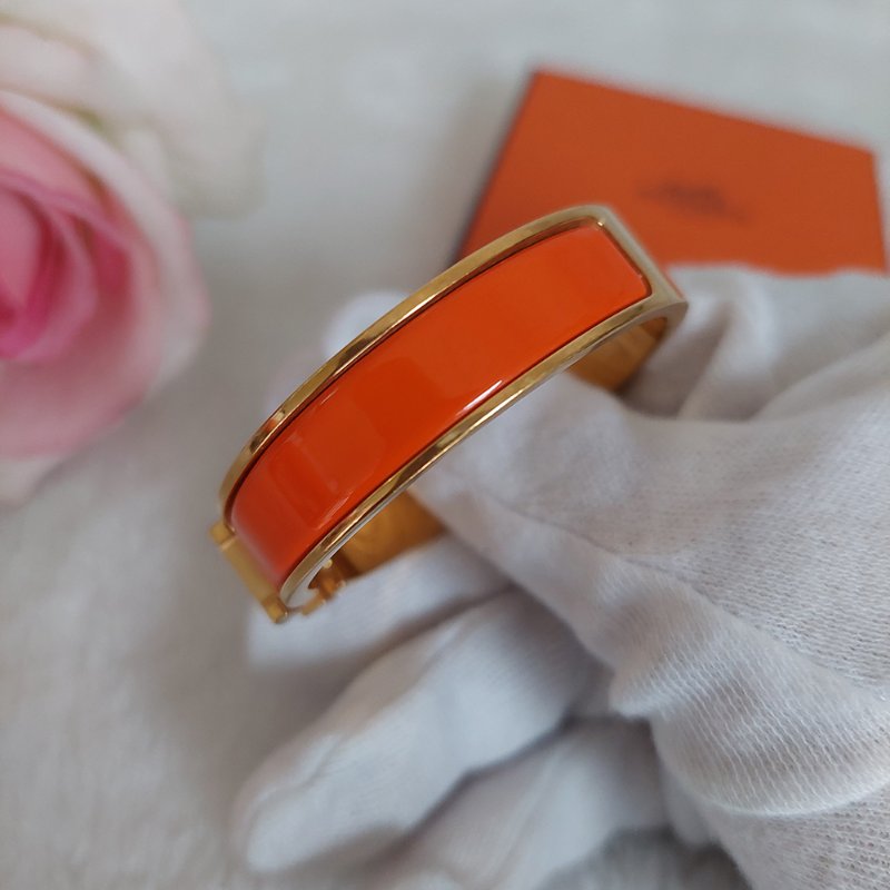 Hermes 🎀實拍 🎀愛馬仕 Clic H Logo細版玫瑰金橘色琺瑯手環-32