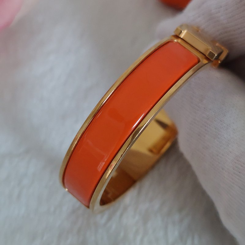Hermes 🎀實拍 🎀愛馬仕 Clic H Logo細版玫瑰金橘色琺瑯手環-34