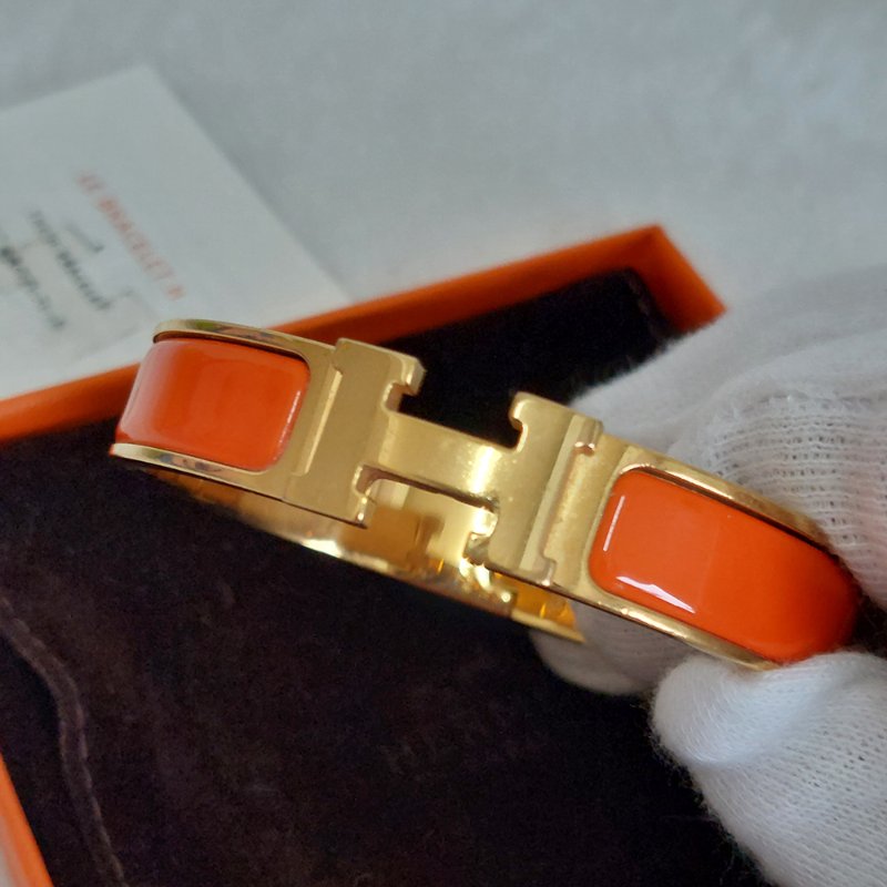 Hermes 🎀實拍 🎀愛馬仕 Clic H Logo細版玫瑰金橘色琺瑯手環-49