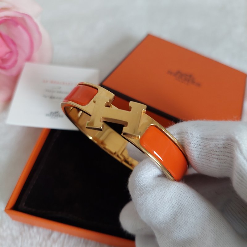 Hermes 🎀實拍 🎀愛馬仕 Clic H Logo細版玫瑰金橘色琺瑯手環-55