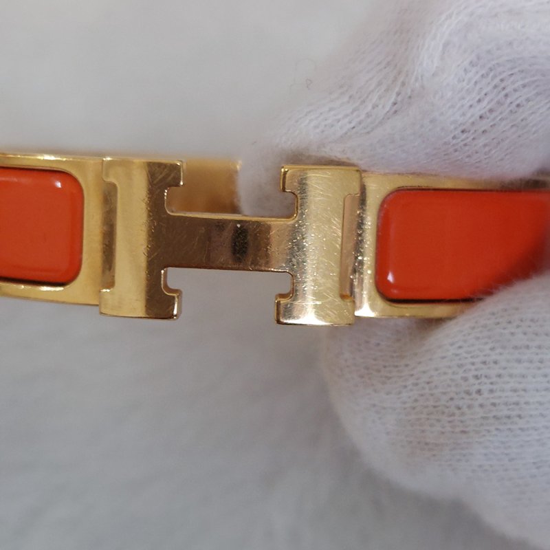 Hermes 🎀實拍 🎀愛馬仕 Clic H Logo細版玫瑰金橘色琺瑯手環-56