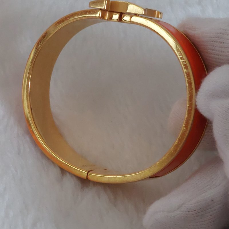 Hermes 🎀實拍 🎀愛馬仕 Clic H Logo細版玫瑰金橘色琺瑯手環-63