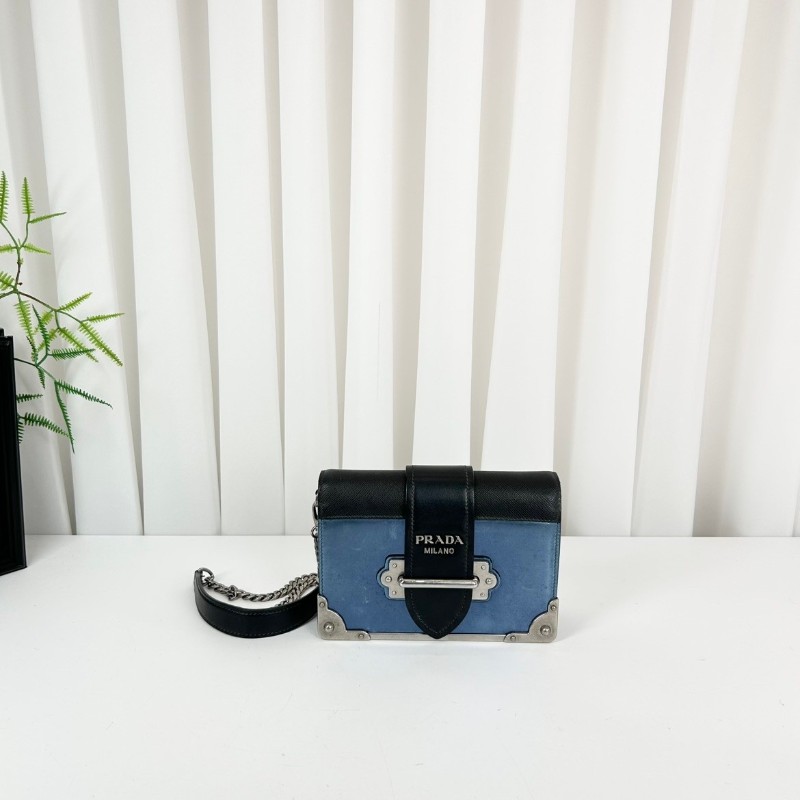 Hsj sz Prada/普拉達  宮廷款拼色藍色亮面單肩斜包 時尚百搭-5