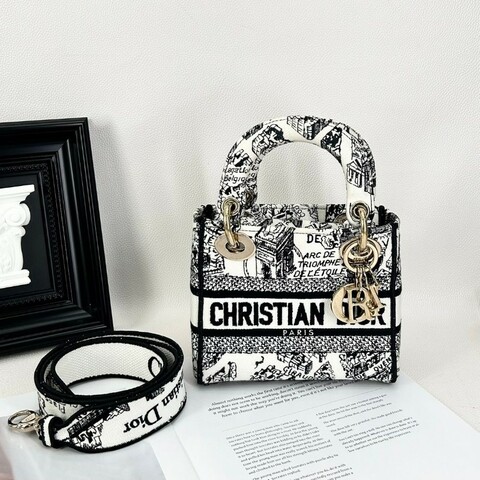 Zwb hz DIOR迪奧 Lady D-Lite  淺金色吊墜Plan de Paris巴黎地圖 刺繡 戴妃包 單肩斜挎手提包