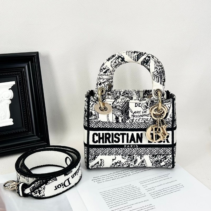 Zwb hz DIOR迪奧 Lady D-Lite  淺金色吊墜Plan de Paris巴黎地圖 刺繡 戴妃包 單肩斜挎手提包-0