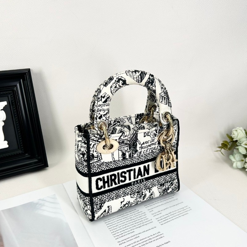 Zwb hz DIOR迪奧 Lady D-Lite  淺金色吊墜Plan de Paris巴黎地圖 刺繡 戴妃包 單肩斜挎手提包-2