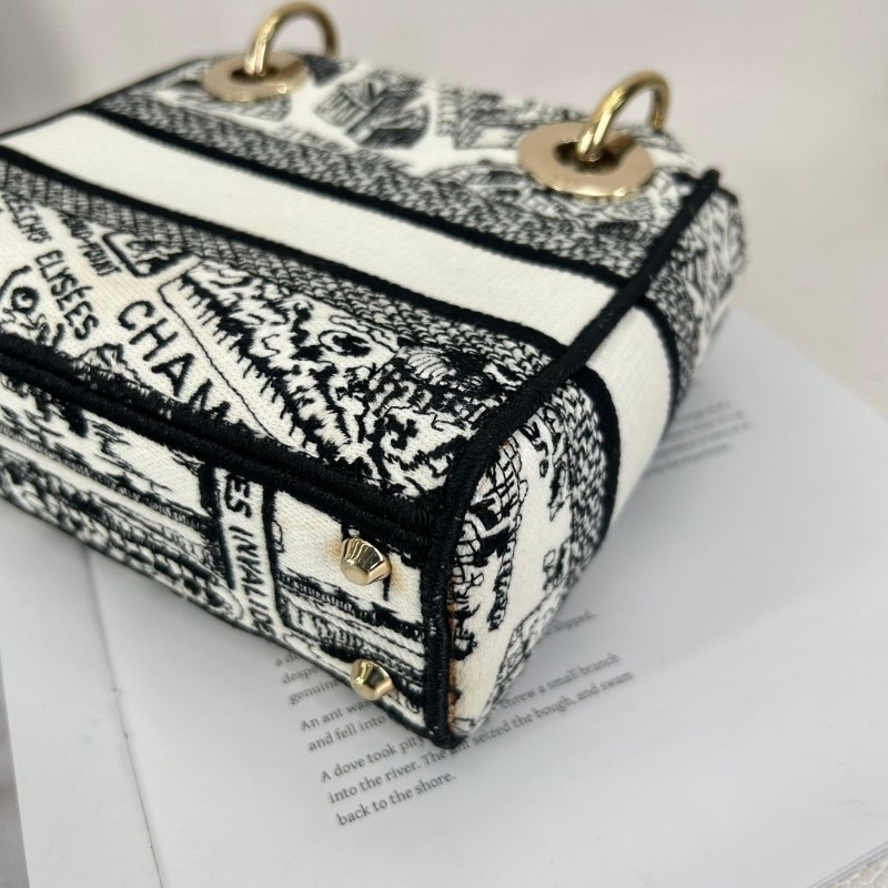 Zwb hz DIOR迪奧 Lady D-Lite  淺金色吊墜Plan de Paris巴黎地圖 刺繡 戴妃包 單肩斜挎手提包-10
