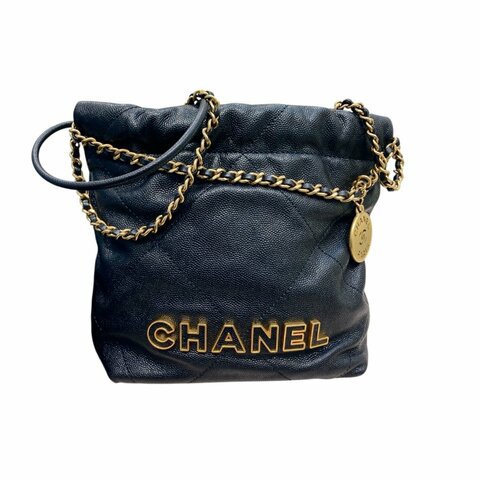 CHANEL 香奈兒 22MINI BAG 流浪包 荔枝牛皮 黑色 金釦