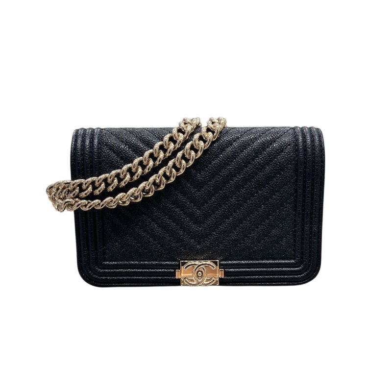CHANEL 香奈兒 WOC BOY MINI 銀鍊側背包 魚子醬皮革 黑色 銀釦-0