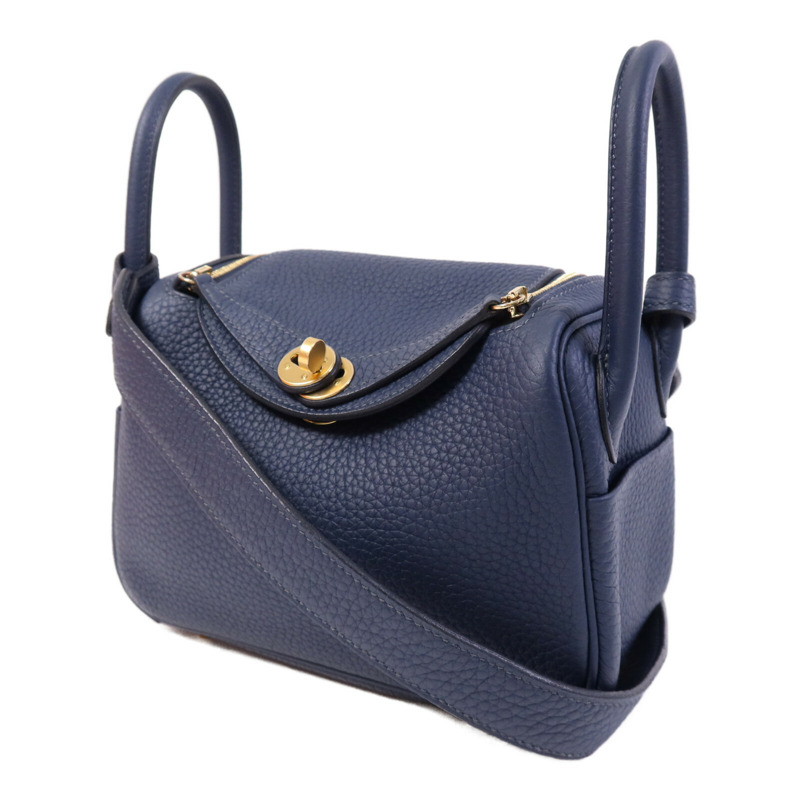 HERMES Clemence皮革Mini Lindy金扣手挽肩背兩用袋Bleu Nuit-2