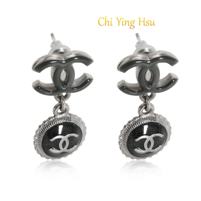 Chanel  香奈兒 🎀現品實拍🎀 CC 標誌與綠色琺瑯水滴耳環 ~約9成新-1