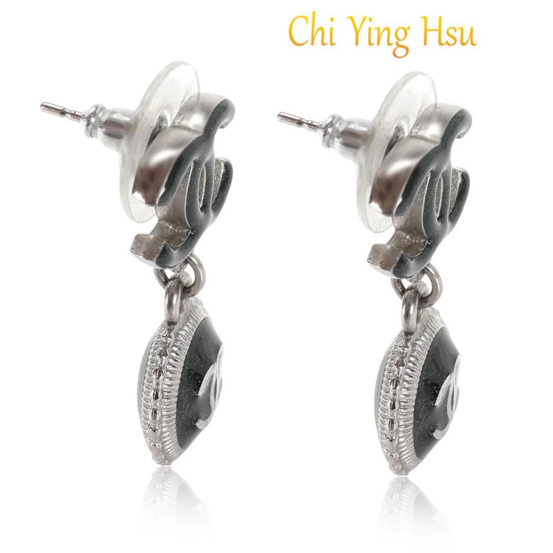 Chanel  香奈兒 🎀現品實拍🎀 CC 標誌與綠色琺瑯水滴耳環 ~約9成新-2