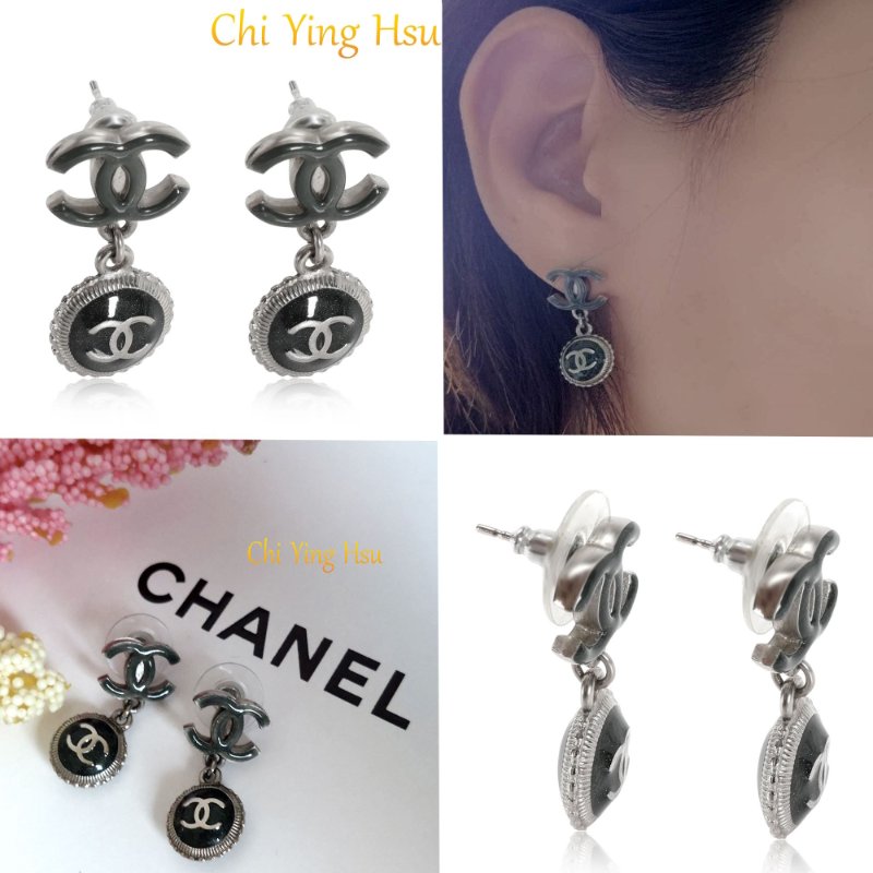 Chanel  香奈兒 🎀現品實拍🎀 CC 標誌與綠色琺瑯水滴耳環 ~約9成新-3