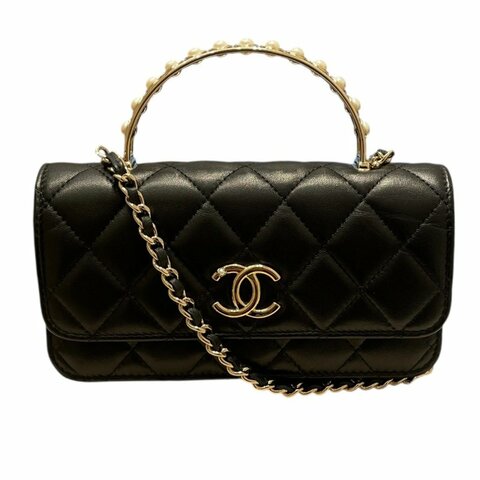 CHANEL 香奈兒 COCO HANDEL 珍珠裝飾迷你包 皮革 黑色 金釦