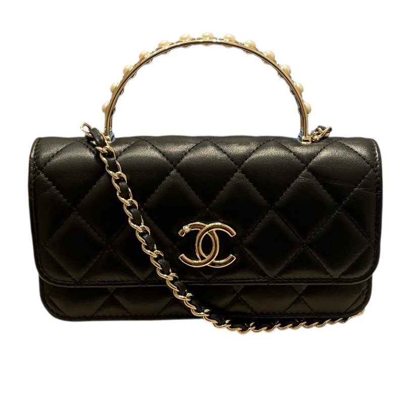 CHANEL 香奈兒 COCO HANDEL 珍珠裝飾迷你包 皮革 黑色 金釦-0