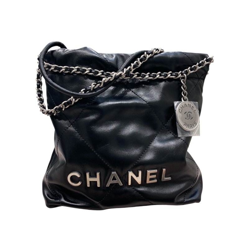 CHANEL 香奈兒 22 MINI 迷你流浪側背包 亮面小牛皮 黑色 銀釦-0