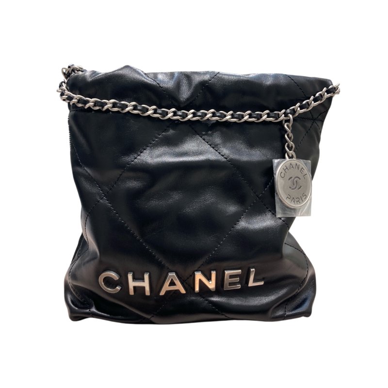 CHANEL 香奈兒 22 MINI 迷你流浪側背包 亮面小牛皮 黑色 銀釦-1
