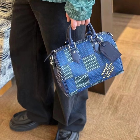 LV speedy25藍色棋盤格手提肩背包芯片款25*20*15 98新配件塵袋 購證 吊牌 鎖鑰匙