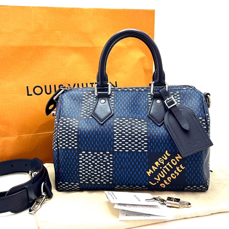 LV speedy25藍色棋盤格手提肩背包芯片款25*20*15 98新配件塵袋 購證 吊牌 鎖鑰匙-1