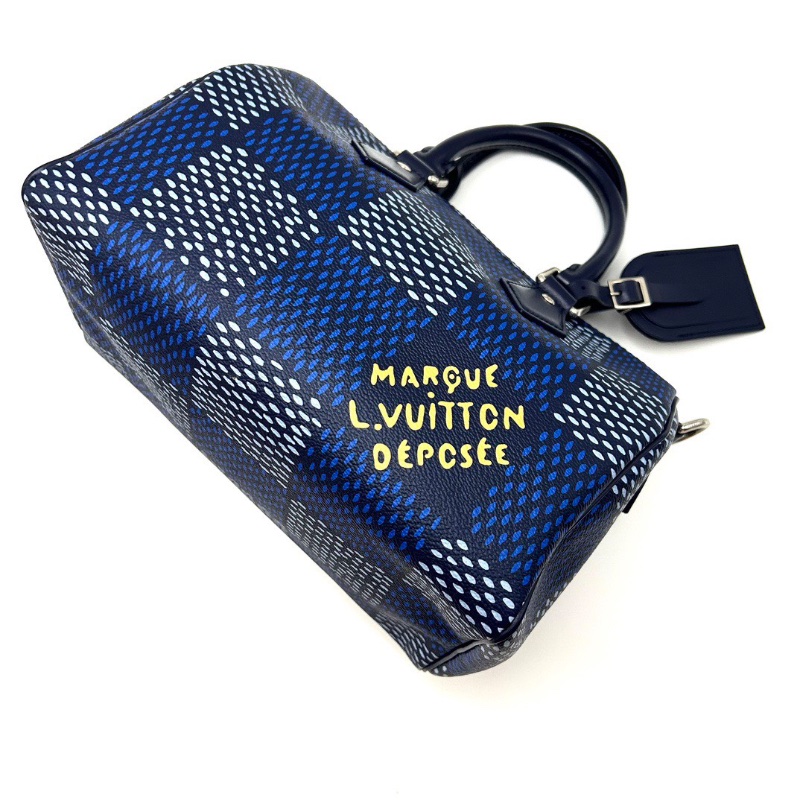 LV speedy25藍色棋盤格手提肩背包芯片款25*20*15 98新配件塵袋 購證 吊牌 鎖鑰匙-3
