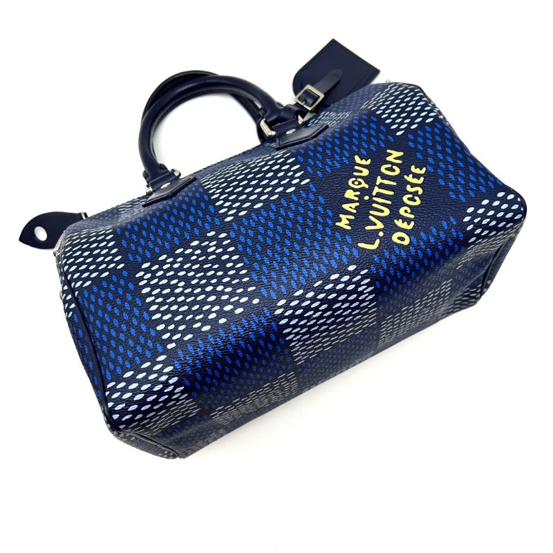 LV speedy25藍色棋盤格手提肩背包芯片款25*20*15 98新配件塵袋 購證 吊牌 鎖鑰匙-5