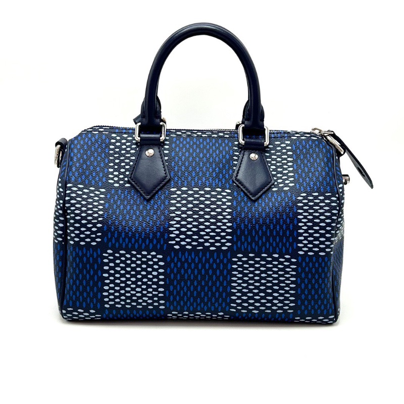 LV speedy25藍色棋盤格手提肩背包芯片款25*20*15 98新配件塵袋 購證 吊牌 鎖鑰匙-6